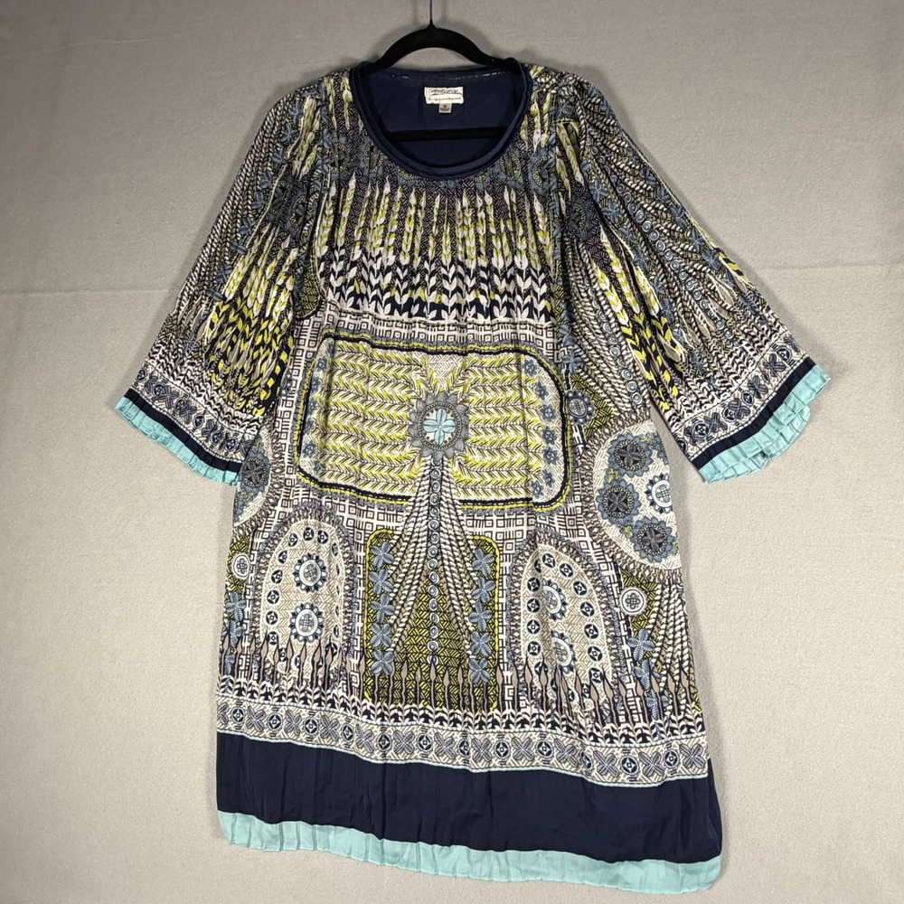 MSSP Max Studio Boho Shift Dress Size M Blue Green‎ Geometric Print Pleated Trim